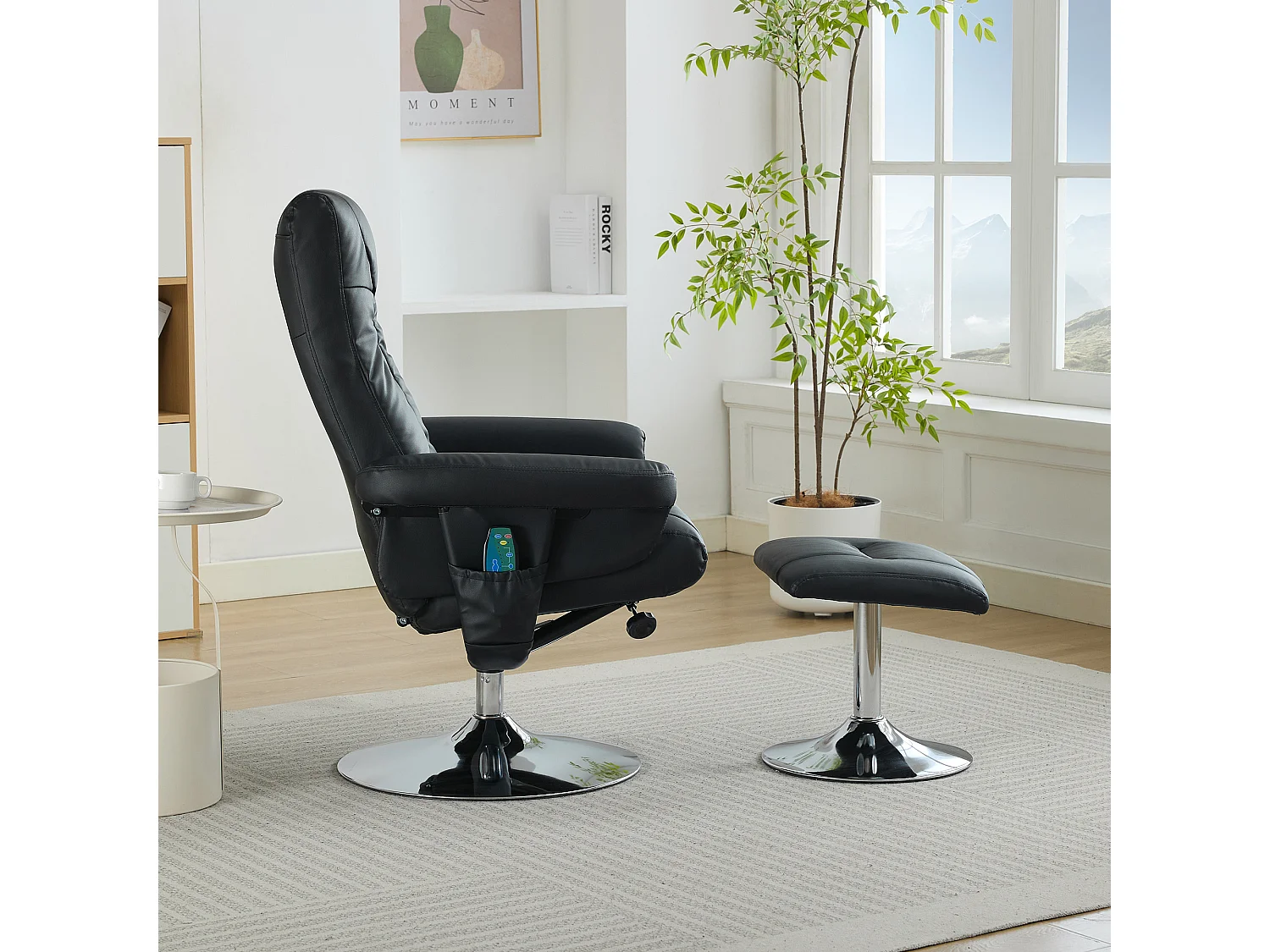 Relaxsessel avec fonction inclinable, massage à 5 points, chauffage électrique & repose-pieds, 360° pivotant, PU noir (76x75x103 cm)
