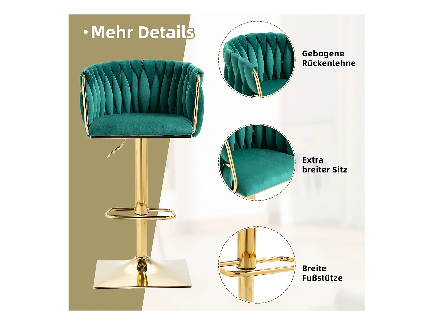 Tabouret de bar vintage avec dossier et repose-pieds, hauteur de comptoir, chaise de salle à manger pour îlot de cuisine, bar, (53x51x87 cm)