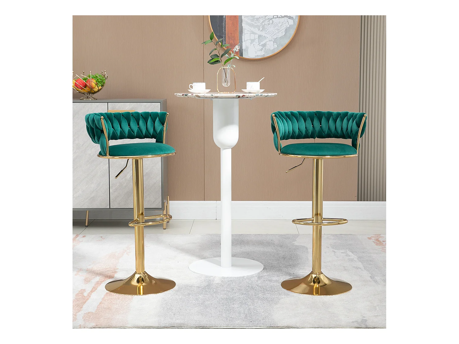 Tabouret de bar 360° pivotant, design moderne, velours, cadre doré, set de 2 pièces, hauteur réglable (54x48x78-97 cm)