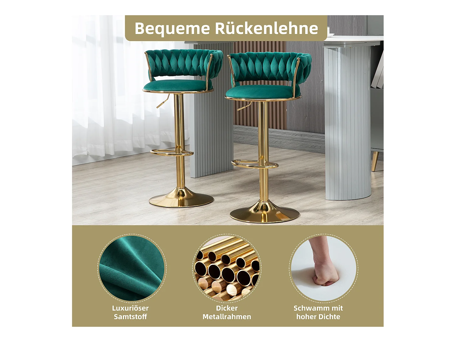 Tabouret de bar 360° pivotant, design moderne, velours, cadre doré, set de 2 pièces, hauteur réglable (54x48x78-97 cm)
