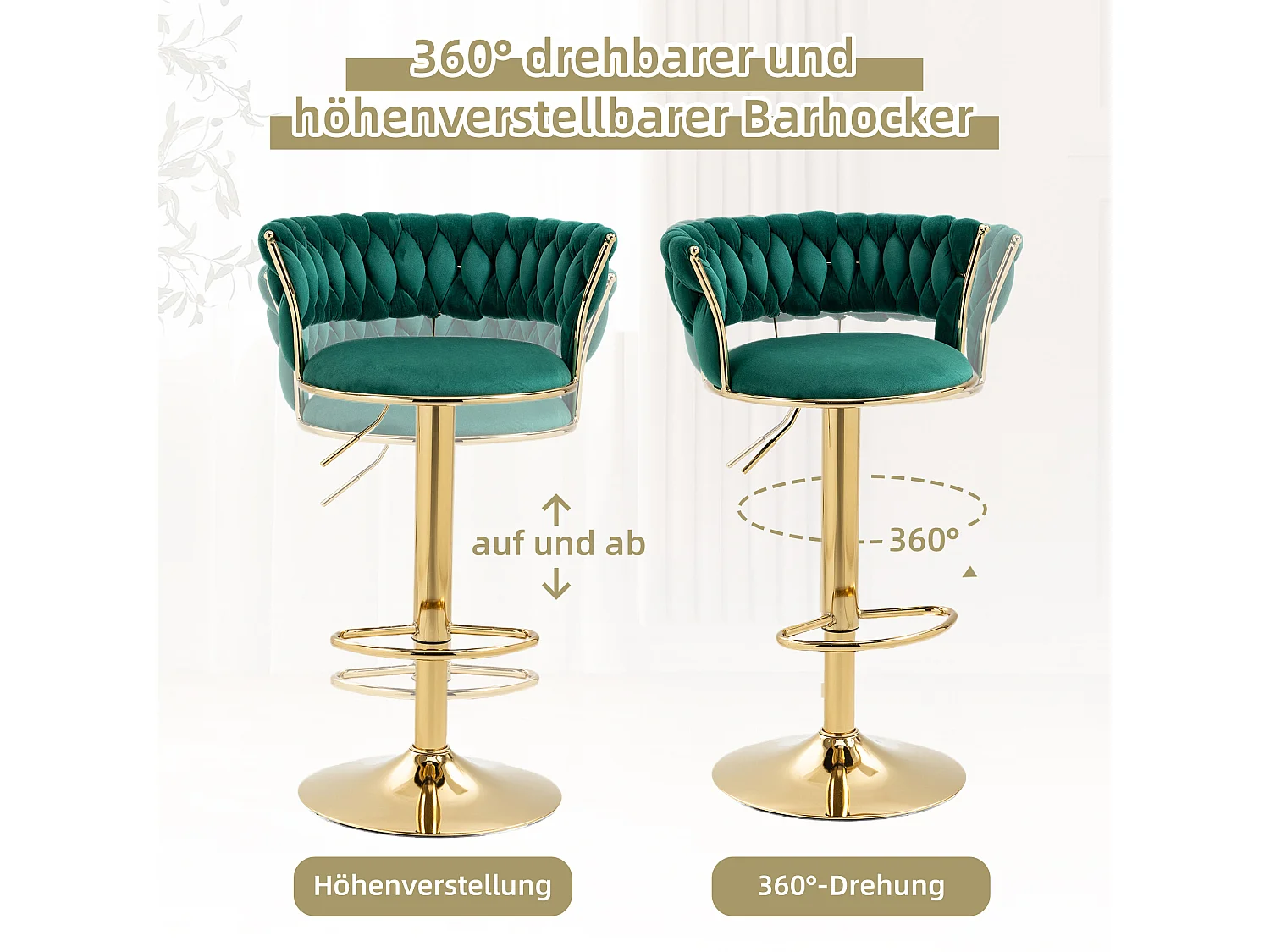 Tabouret de bar 360° pivotant, design moderne, velours, cadre doré, set de 2 pièces, hauteur réglable (54x48x78-97 cm)