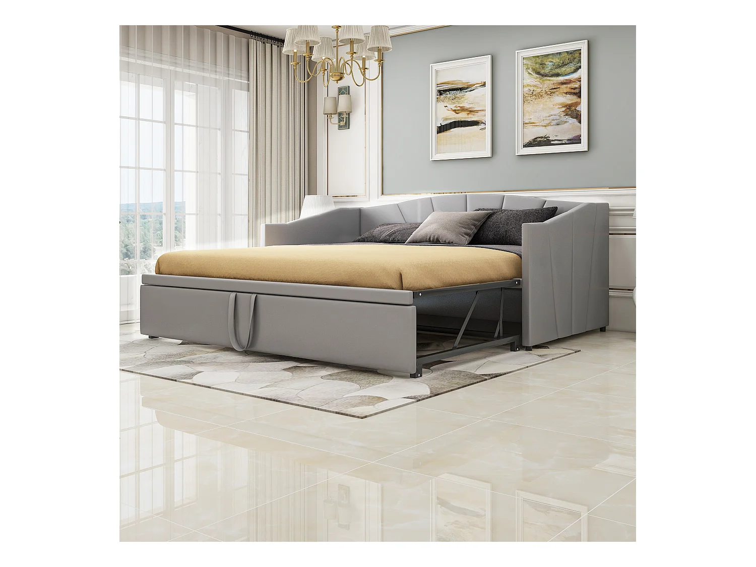 Uitschuifbare slaapbank 90/180x200 cm met lattenbodem, grijze fluwelen stof, multifunctioneel bed (212x188x74 cm)