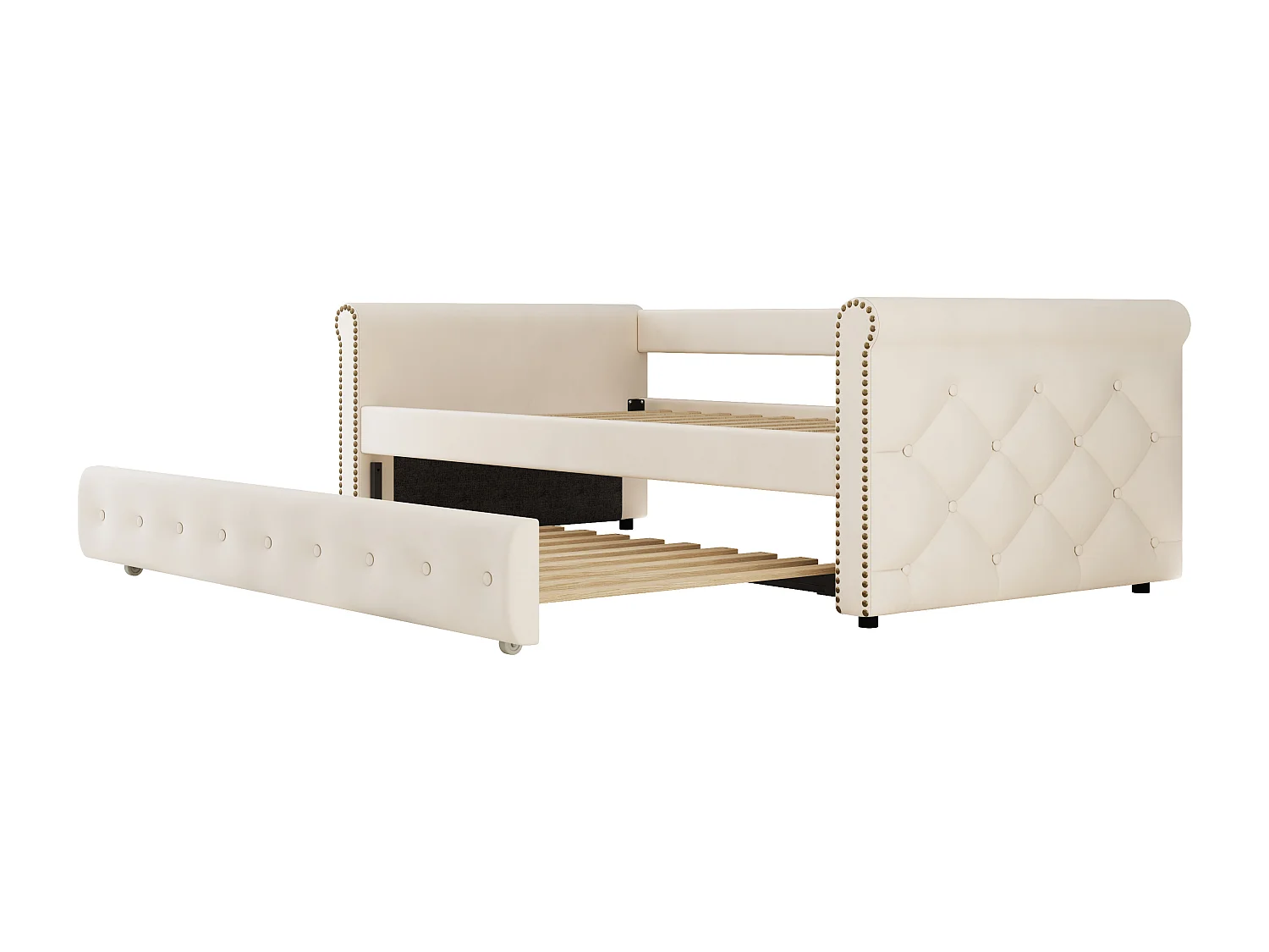 Lit enfant 90x200 cm avec canapé-lit extensible, tissu velours beige, lit pour enfants, lit d'appoint avec sommier (218x95x70 cm)