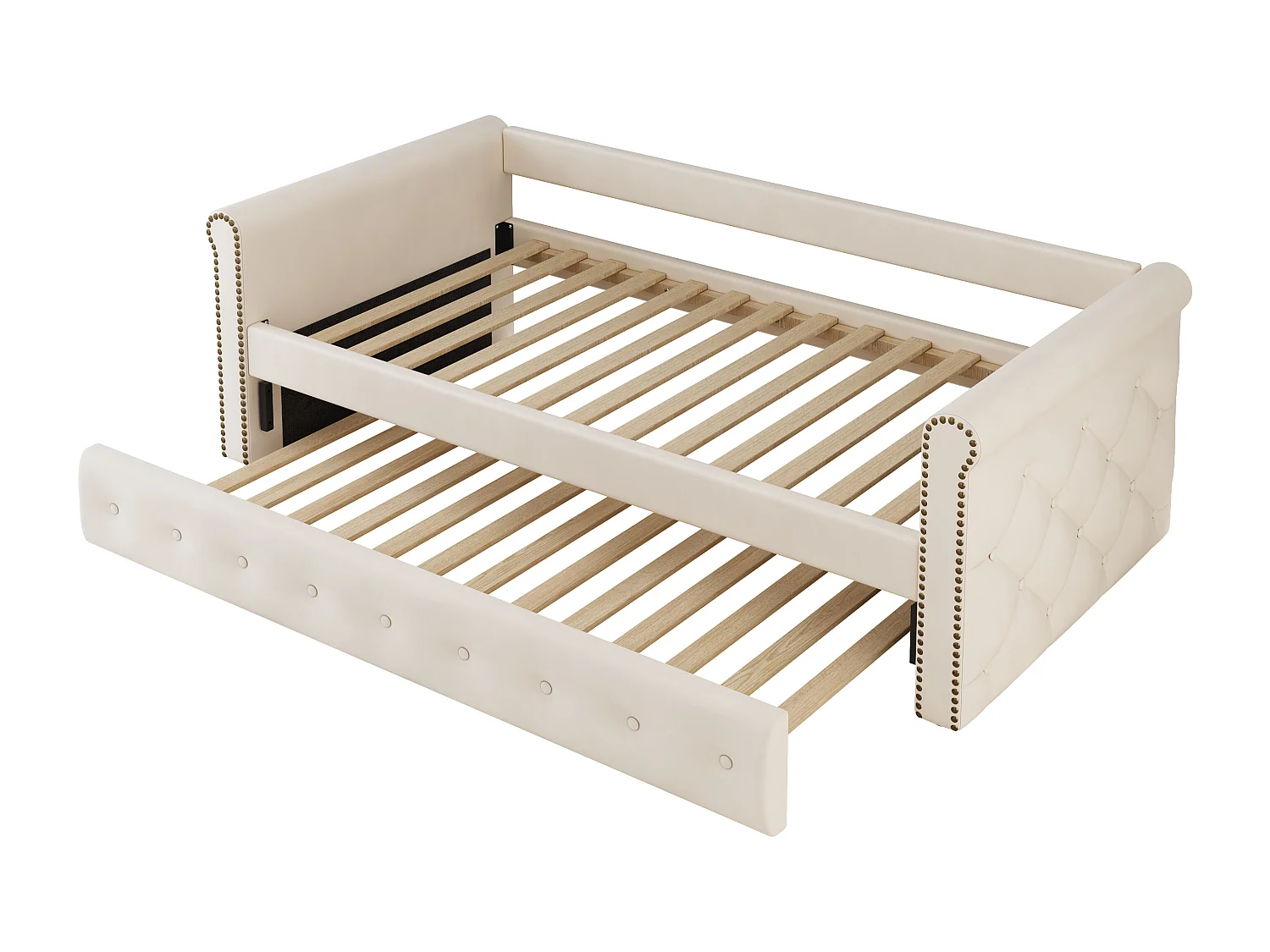 Lit enfant 90x200 cm avec canapé-lit extensible, tissu velours beige, lit pour enfants, lit d'appoint avec sommier (218x95x70 cm)