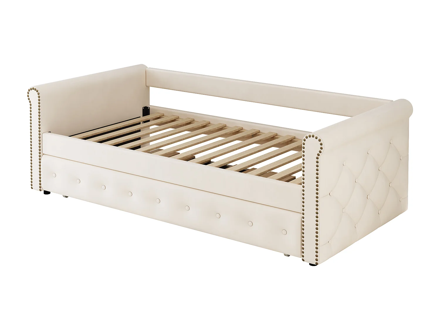 Lit enfant 90x200 cm avec canapé-lit extensible, tissu velours beige, lit pour enfants, lit d'appoint avec sommier (218x95x70 cm)