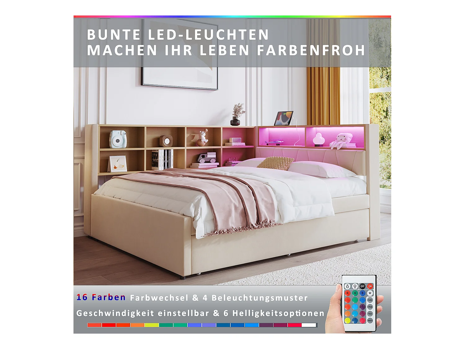 Canapé-lit avec tiroirs et LED, 140x200 cm, matelas 90x190 cm, en flanelle, beige (213x153x98 cm)