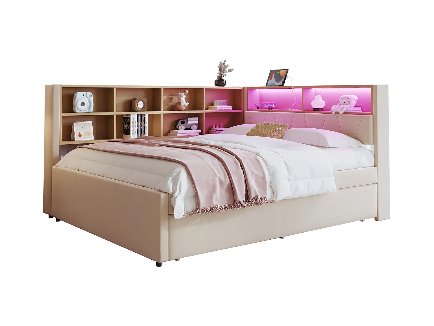 Canapé-lit avec tiroirs et LED, 140x200 cm, matelas 90x190 cm, en flanelle, beige (213x153x98 cm)