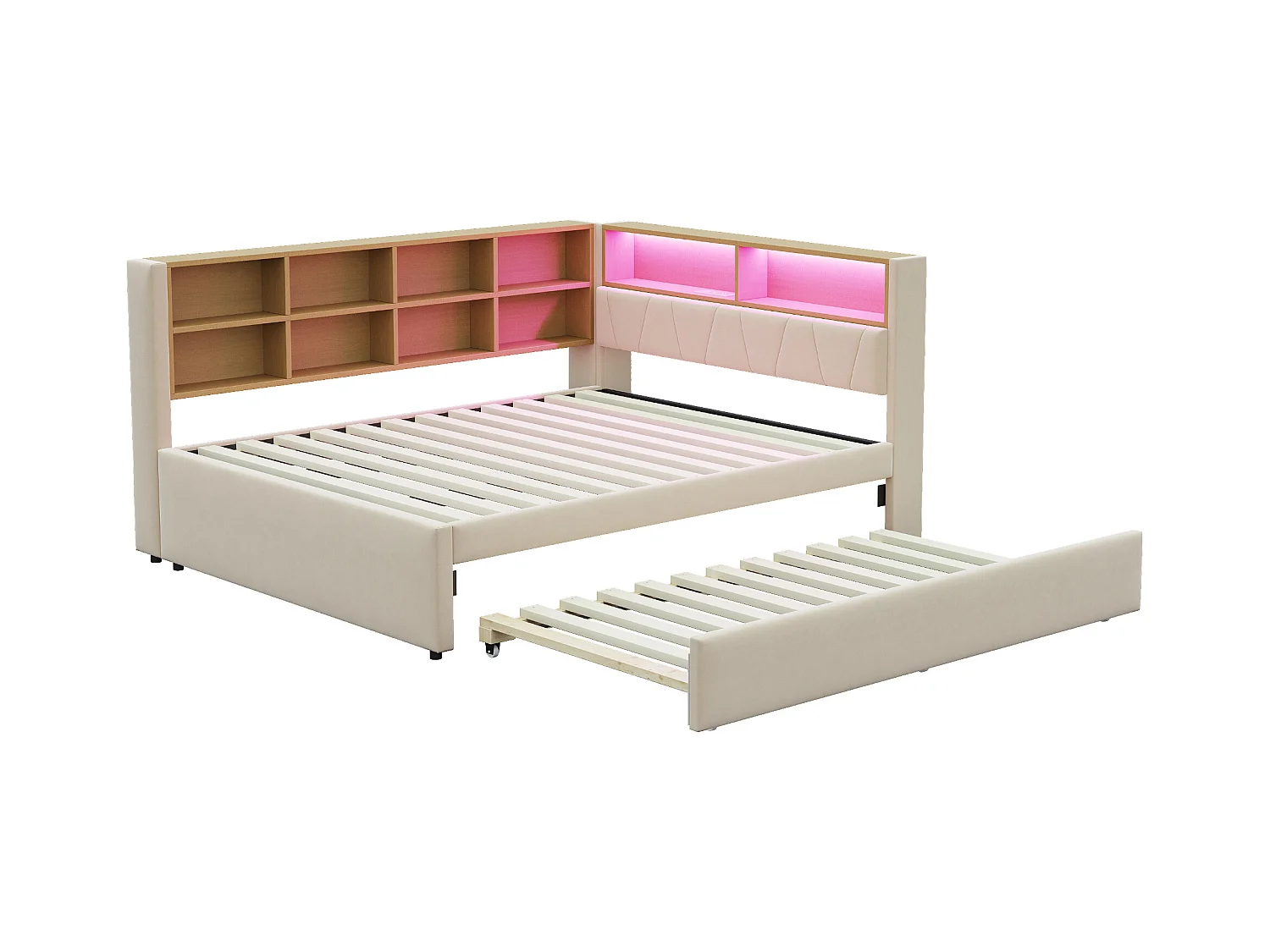 Canapé-lit avec tiroirs et LED, 140x200 cm, matelas 90x190 cm, en flanelle, beige (213x153x98 cm)