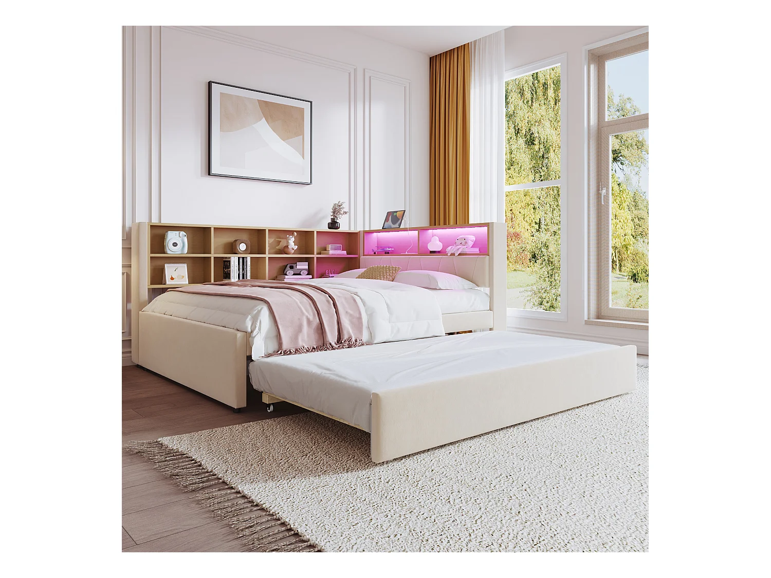 Sofá cama con cajones y LED, 140x200 cm, colchón 90x190 cm, en franela, beige (213x153x98 cm)