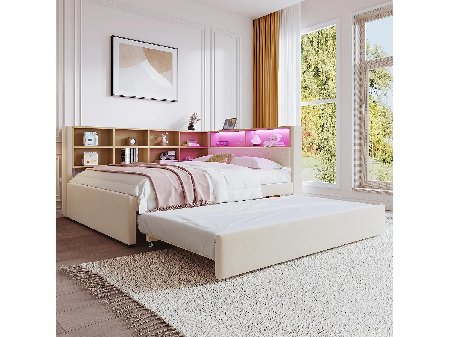 Canapé-lit avec tiroirs et LED, 140x200 cm, matelas 90x190 cm, en flanelle, beige (213x153x98 cm)