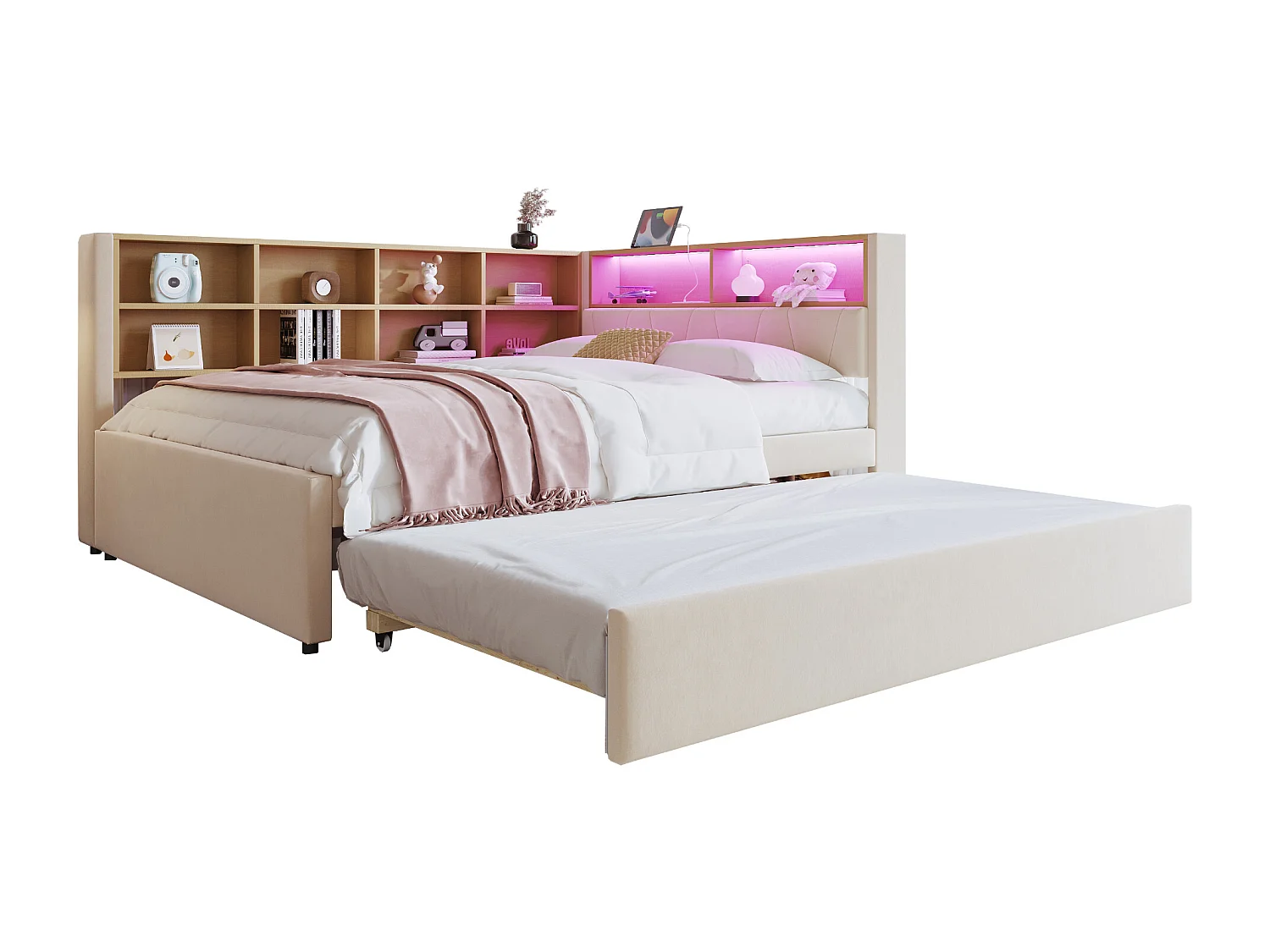Canapé-lit avec tiroirs et LED, 140x200 cm, matelas 90x190 cm, en flanelle, beige (213x153x98 cm)