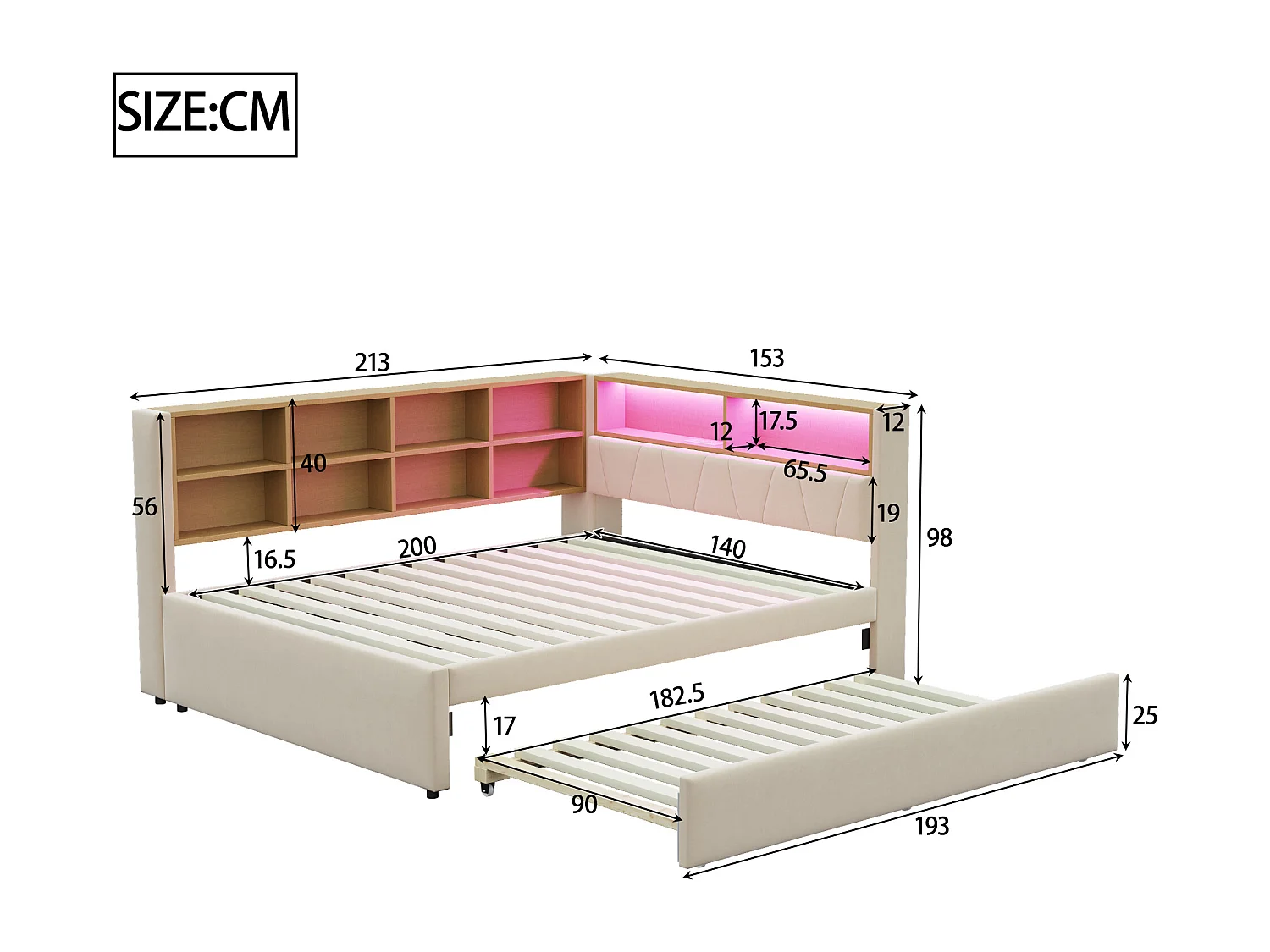 Canapé-lit avec tiroirs et LED, 140x200 cm, matelas 90x190 cm, en flanelle, beige (213x153x98 cm)