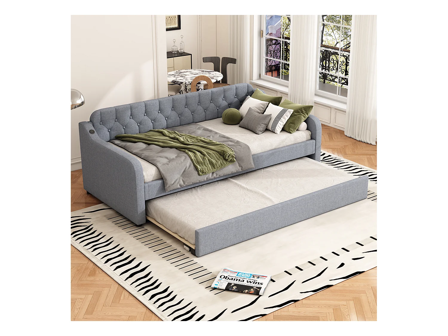 Canapé-lit 90x200 cm, avec lit escamotable, USB intégré, gris (215x191x79 cm)