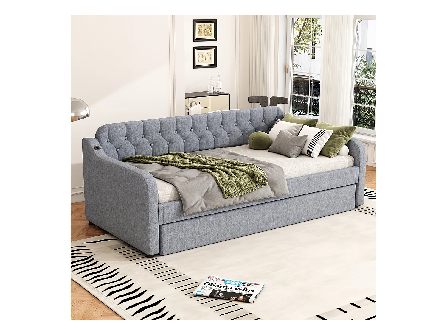 Canapé-lit 90x200 cm, avec lit escamotable, USB intégré, gris (215x191x79 cm)