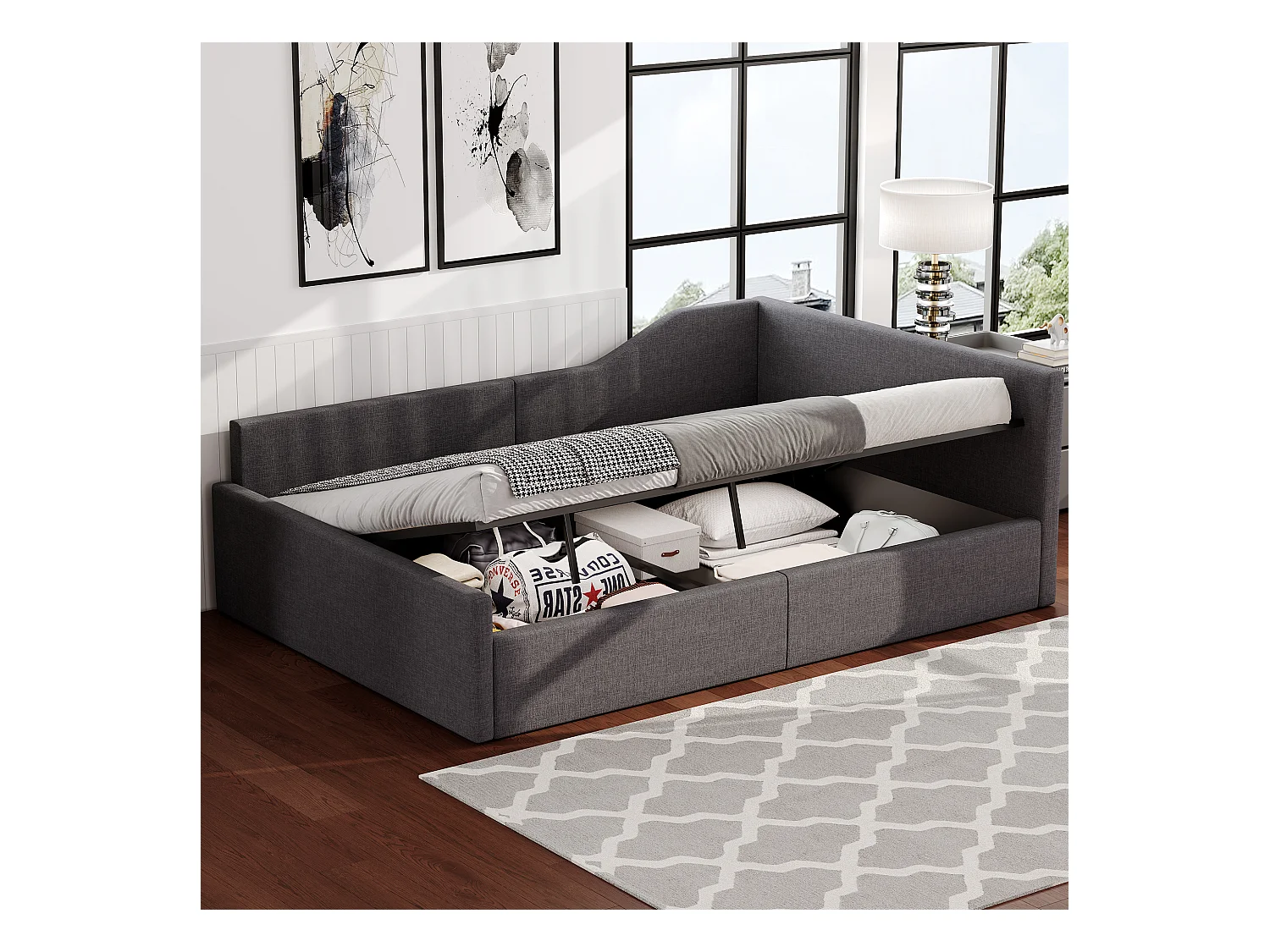 Cama de día 140x200 con almacenaje, tela de lino gris, estructura de MDF y contrachapado (210,5x148,5x77 cm)