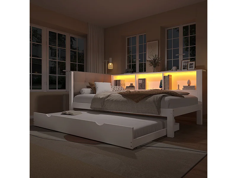 Daybett, Tagesbett, Schlafsofa, 90x200cm, Einzelbett ohne Matratze, mit ausziehbarem Bett, LED-Leiste dimmbar, Regal, USB-Anschluss (205x114.8x80.5 cm)