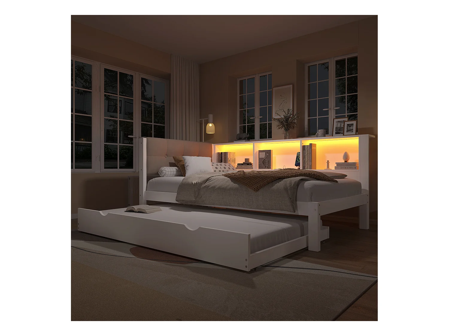 Daybett, Tagesbett, Schlafsofa, 90x200cm, Einzelbett ohne Matratze, mit ausziehbarem Bett, LED-Leiste dimmbar, Regal, USB-Anschluss (205x114.8x80.5 cm)