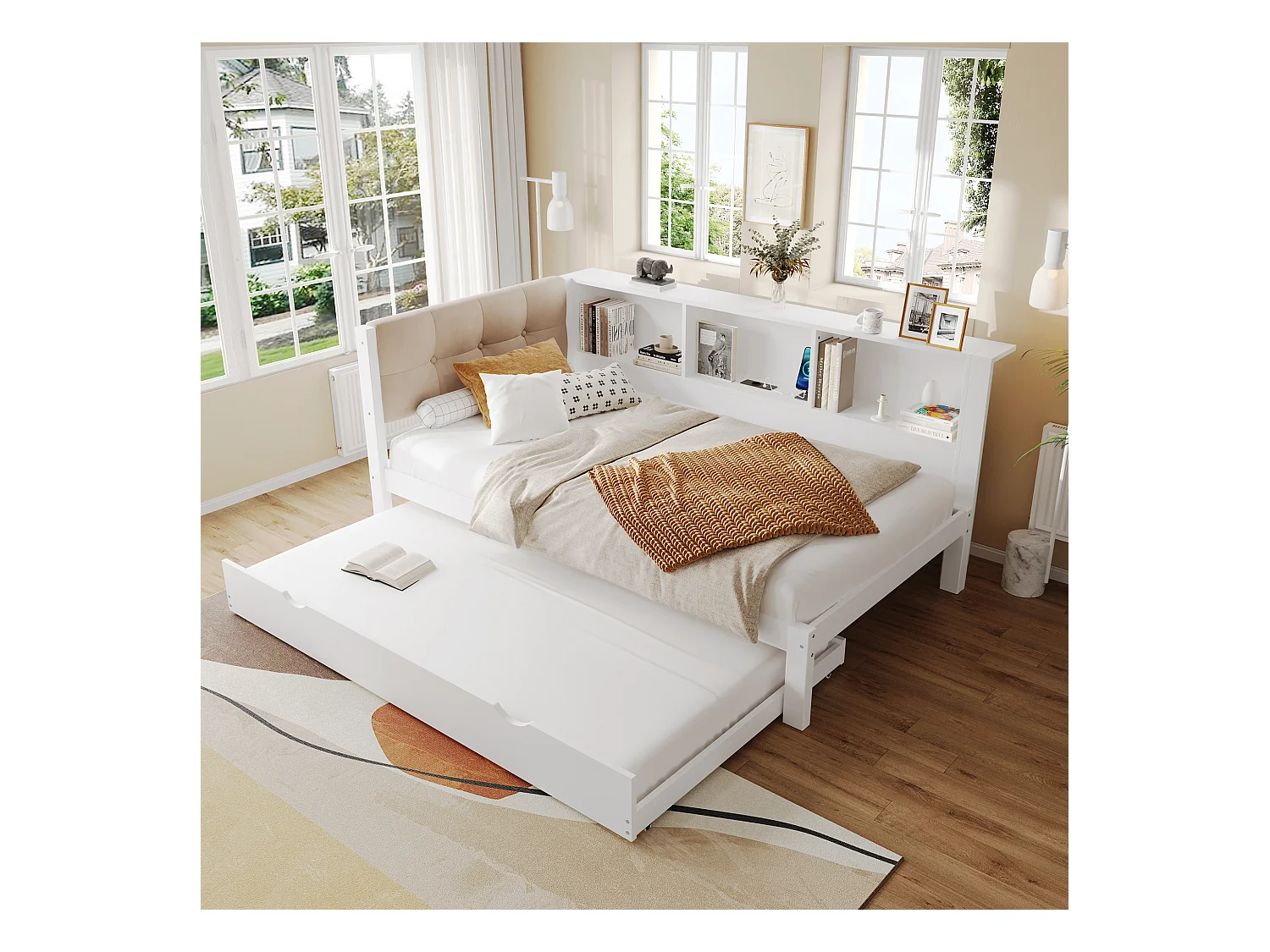 Daybett, Tagesbett, Schlafsofa, 90x200cm, Einzelbett ohne Matratze, mit ausziehbarem Bett, LED-Leiste dimmbar, Regal, USB-Anschluss (205x114.8x80.5 cm)