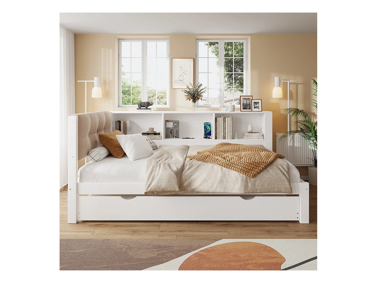 Daybett, Tagesbett, Schlafsofa, 90x200cm, Einzelbett ohne Matratze, mit ausziehbarem Bett, LED-Leiste dimmbar, Regal, USB-Anschluss (205x114.8x80.5 cm)