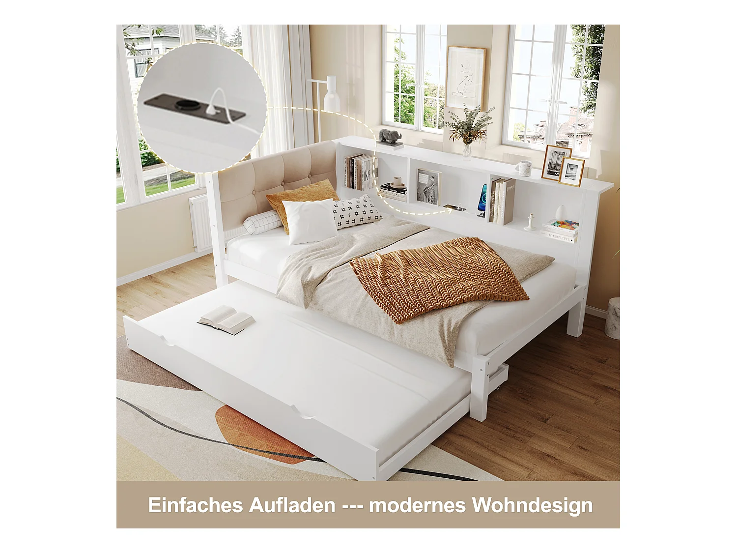 Daybett, Tagesbett, Schlafsofa, 90x200cm, Einzelbett ohne Matratze, mit ausziehbarem Bett, LED-Leiste dimmbar, Regal, USB-Anschluss (205x114.8x80.5 cm)