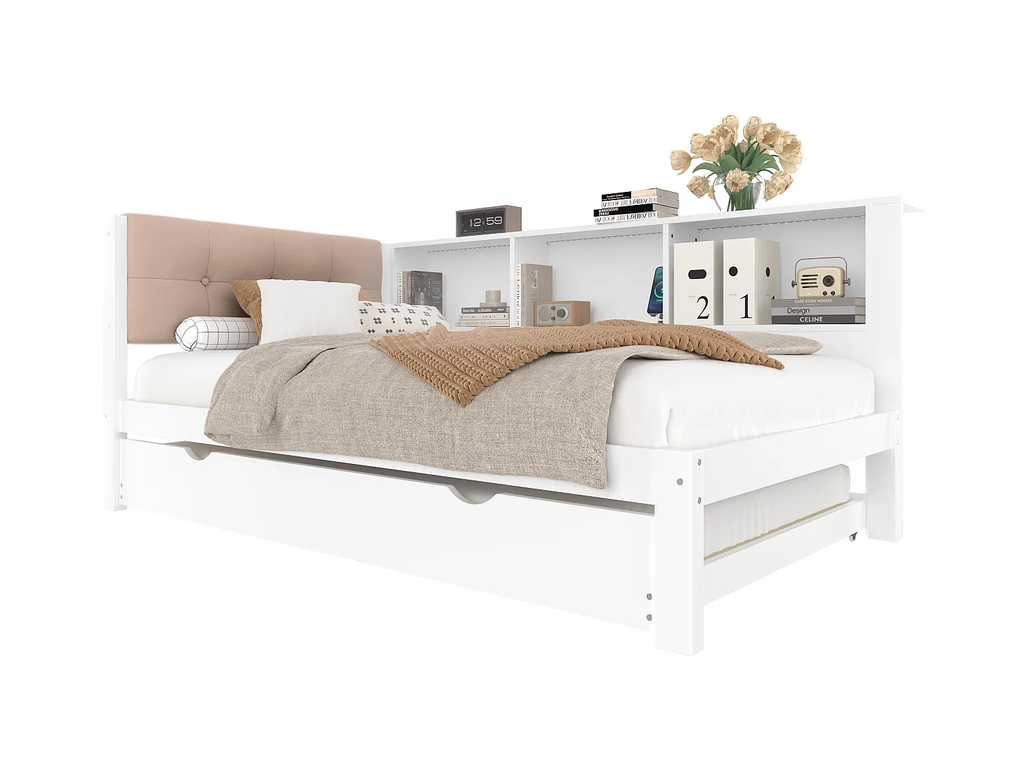 Daybett, Tagesbett, Schlafsofa, 90x200cm, Einzelbett ohne Matratze, mit ausziehbarem Bett, LED-Leiste dimmbar, Regal, USB-Anschluss (205x114.8x80.5 cm)