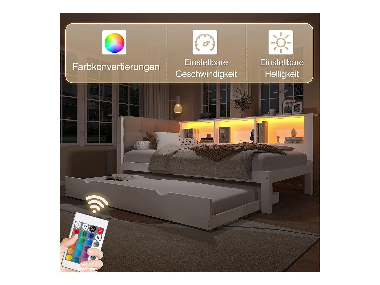 Daybett, Tagesbett, Schlafsofa, 90x200cm, Einzelbett ohne Matratze, mit ausziehbarem Bett, LED-Leiste dimmbar, Regal, USB-Anschluss (205x114.8x80.5 cm)