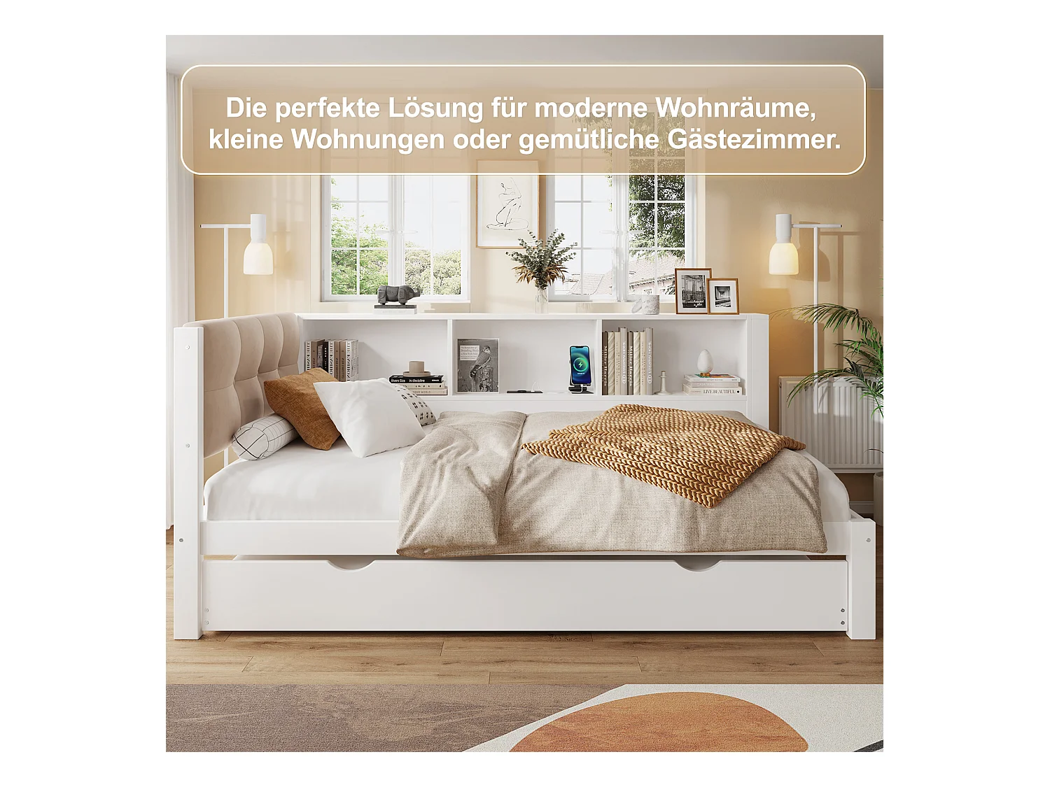 Daybett, Tagesbett, Schlafsofa, 90x200cm, Einzelbett ohne Matratze, mit ausziehbarem Bett, LED-Leiste dimmbar, Regal, USB-Anschluss (205x114.8x80.5 cm)
