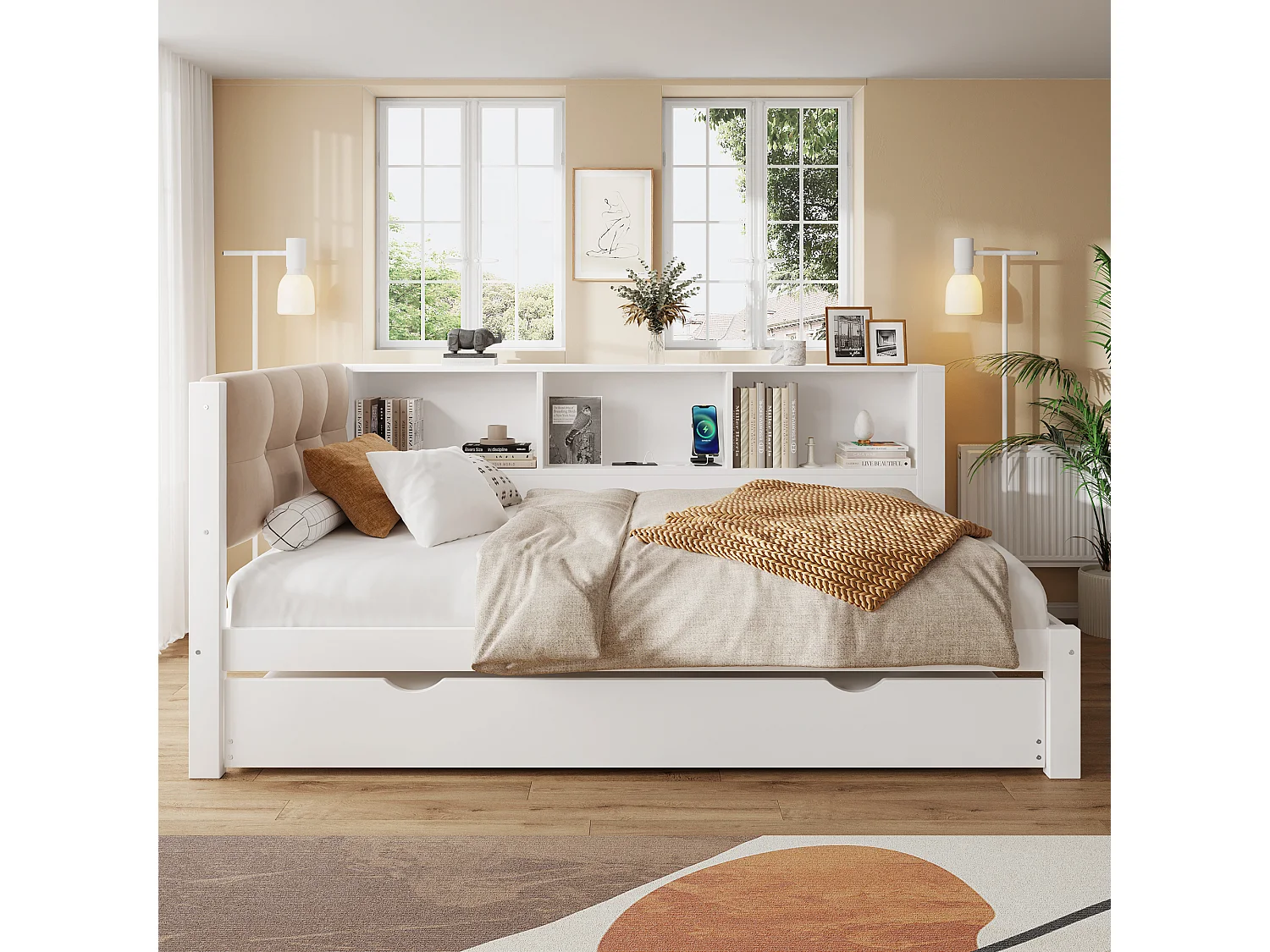 Daybed, slaapbank, 90x200cm, eenpersoonsbed zonder matras, met uitschuifbaar bed, dimbare ledstrip, plank, USB-aansluiting (205x114,8x80,5 cm)
