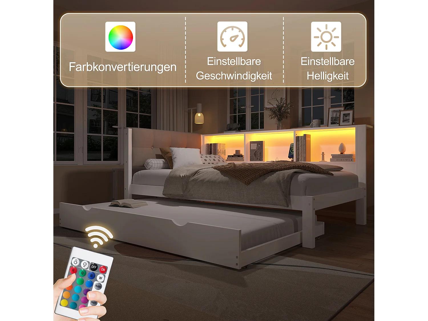 Daybed, slaapbank, 90x200cm, eenpersoonsbed zonder matras, met uitschuifbaar bed, dimbare ledstrip, plank, USB-aansluiting (205x114,8x80,5 cm)