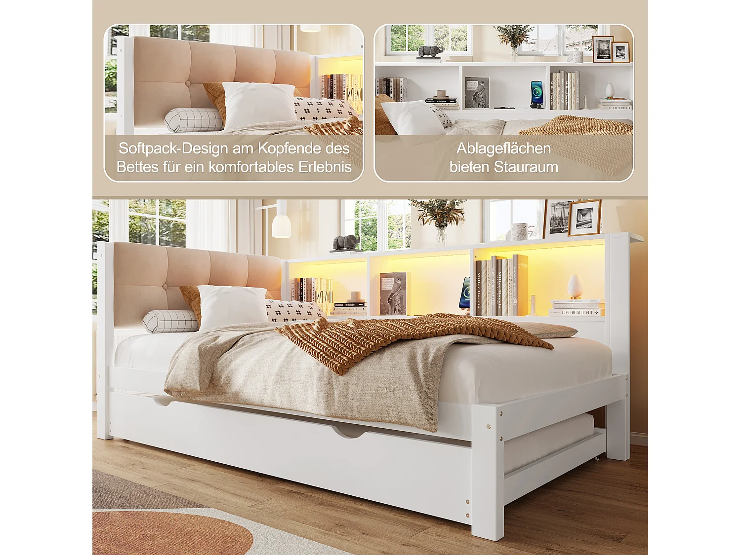 Daybed, slaapbank, 90x200cm, eenpersoonsbed zonder matras, met uitschuifbaar bed, dimbare ledstrip, plank, USB-aansluiting (205x114,8x80,5 cm)