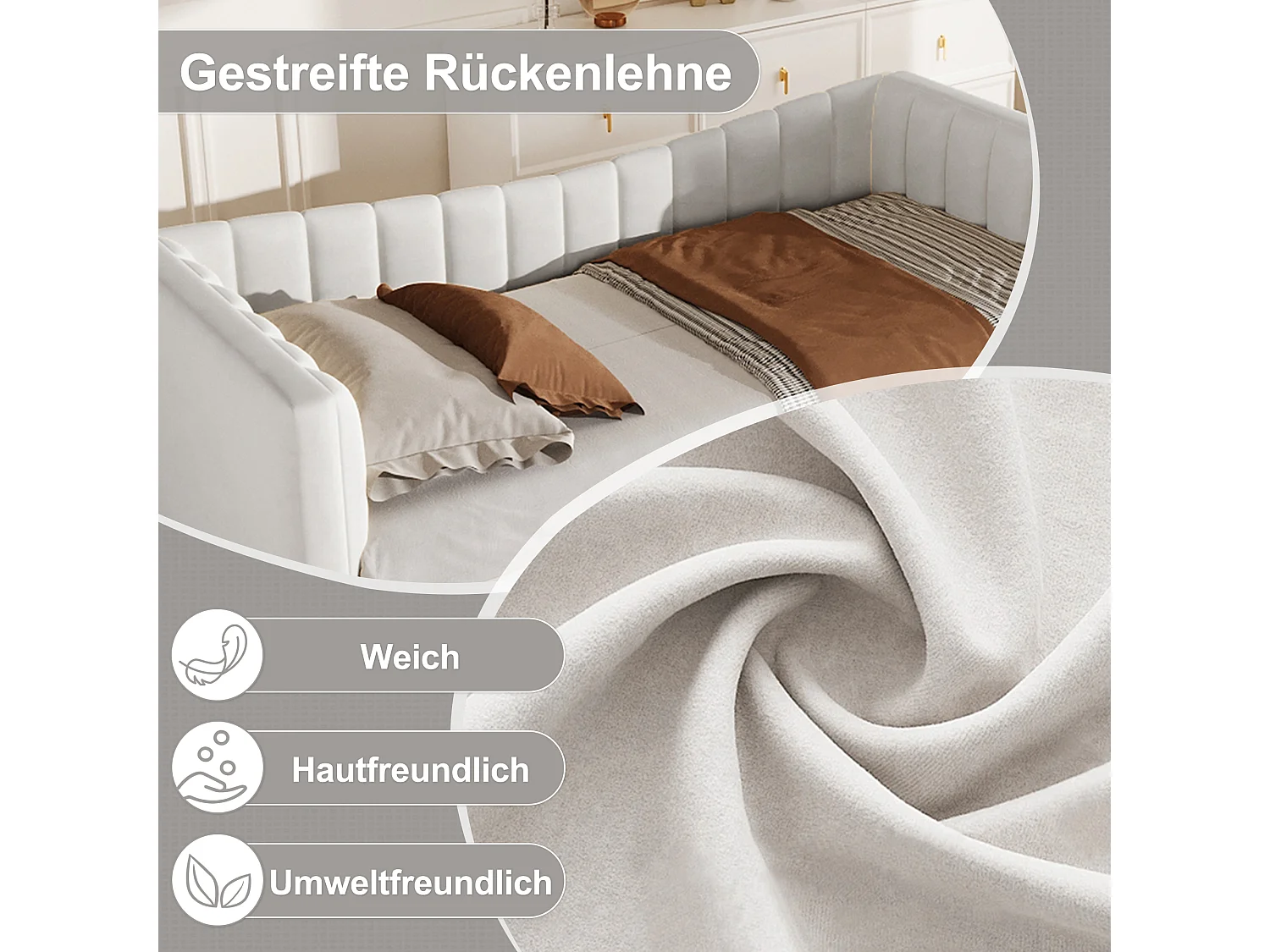 Daybett, Polsterbett mit Ziehbett, Samt, Weiß (90x200 cm)