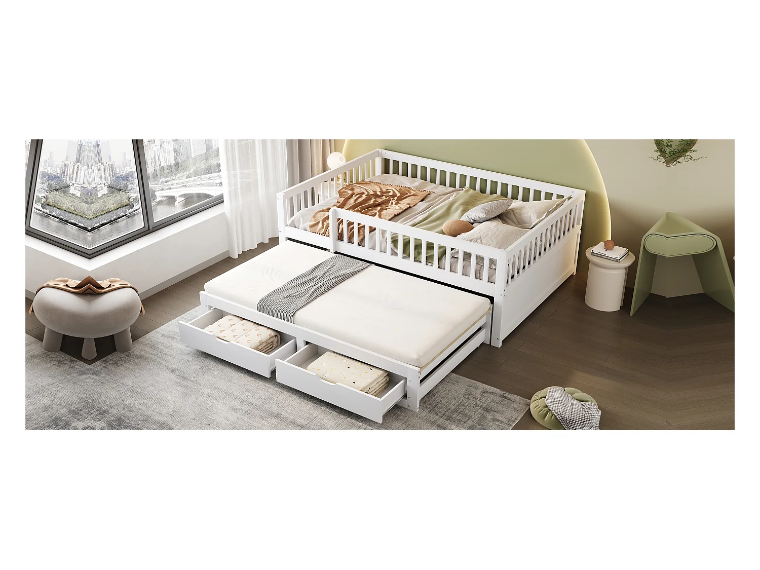 Canapé-lit en bois massif 140x200 cm, avec grille de sécurité et tiroirs, lit escamotable, blanc (205x145x77.5 cm)