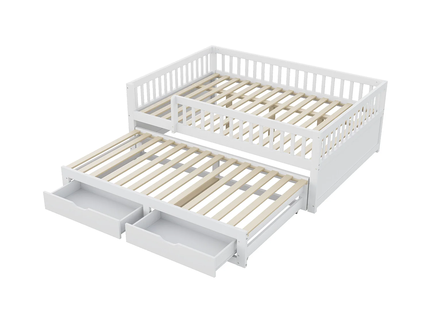 Canapé-lit en bois massif 140x200 cm, avec grille de sécurité et tiroirs, lit escamotable, blanc (205x145x77.5 cm)