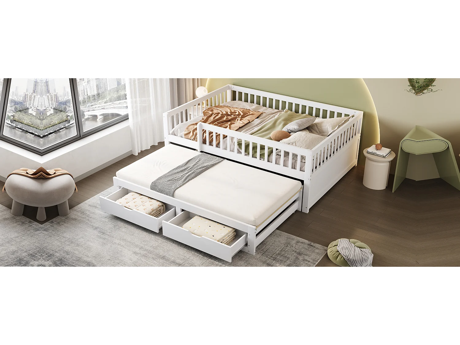 Canapé-lit en bois massif 140x200 cm, avec grille de sécurité et tiroirs, lit escamotable, blanc (205x145x77.5 cm)