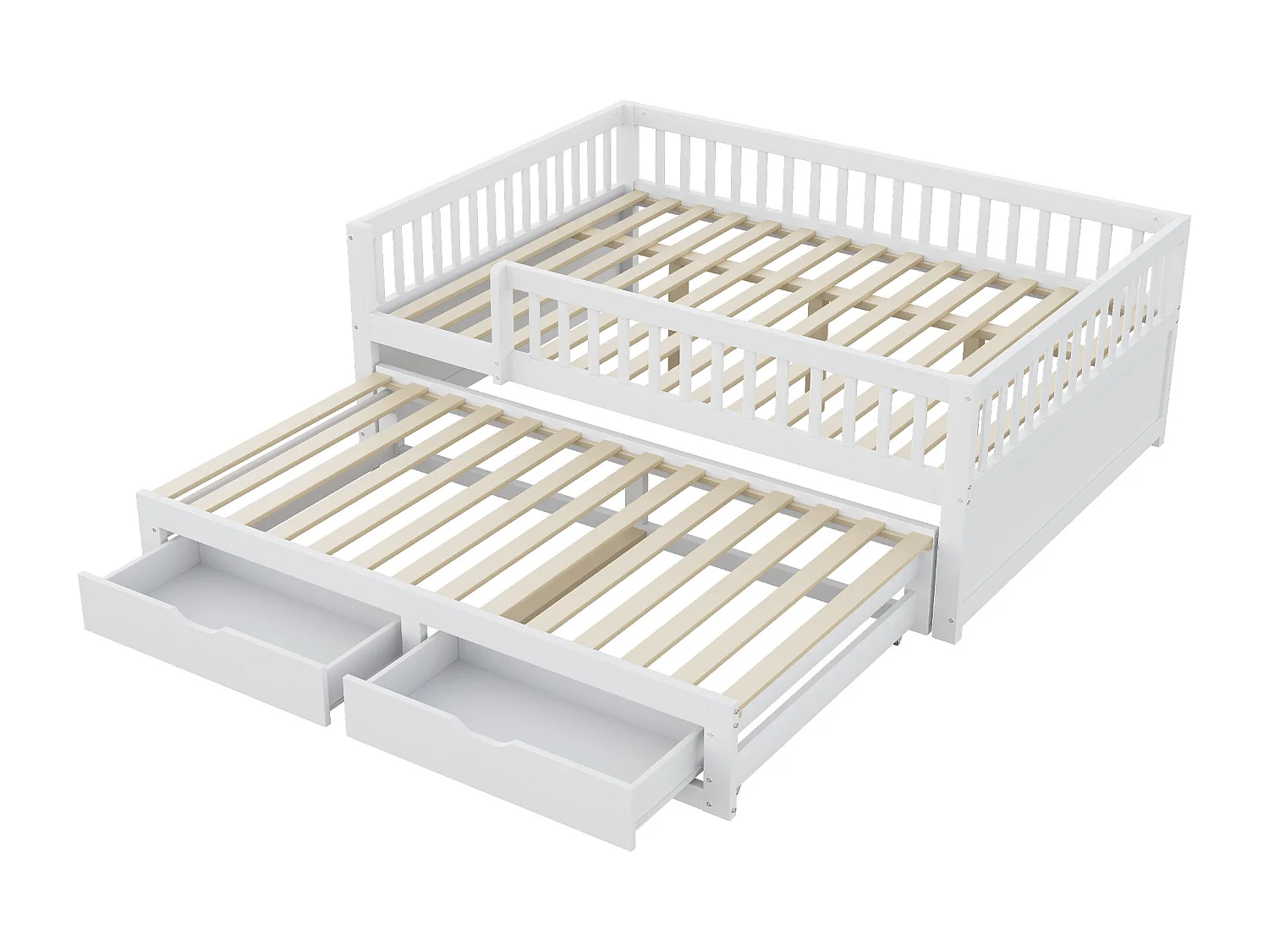 Canapé-lit en bois massif 140x200 cm, avec grille de sécurité et tiroirs, lit escamotable, blanc (205x145x77.5 cm)