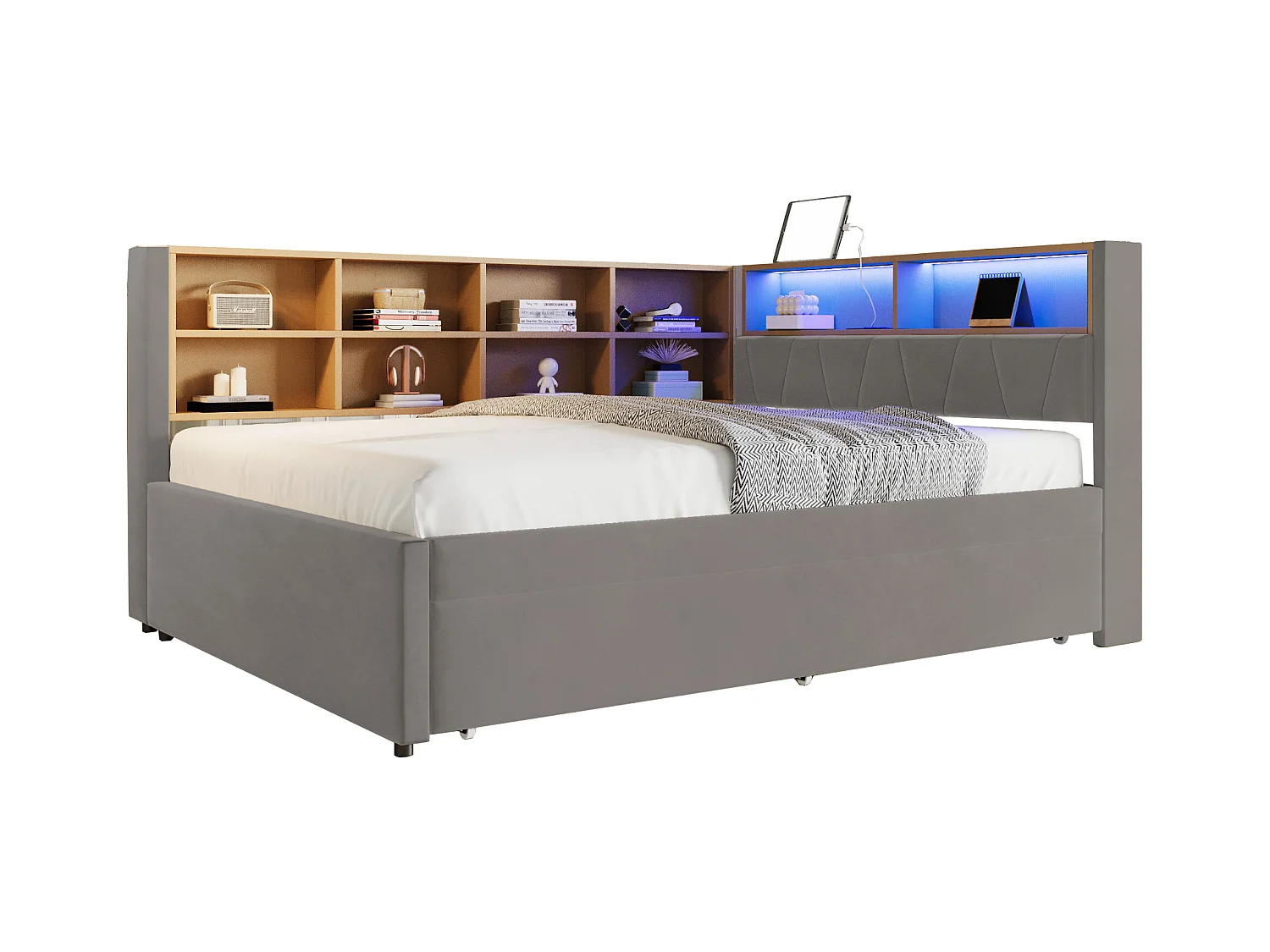 Canapé-lit avec tiroirs, 140x200, lit extensible 90x190, avec éclairage LED, prises USB et nombreux compartiments de rangement(213x153x98 cm)