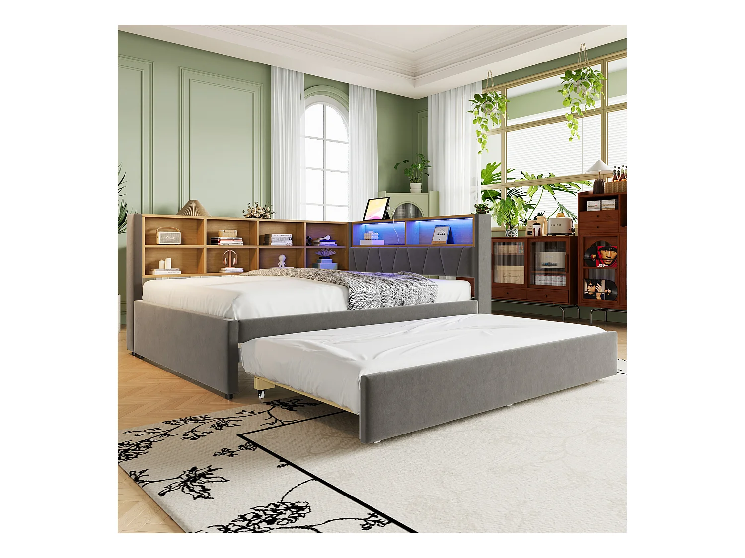 Sofá cama con cajones, 140x200, cama extensible 90x190, con iluminación LED, tomas USB y numerosos compartimentos de almacenaje (213x153x98 cm)