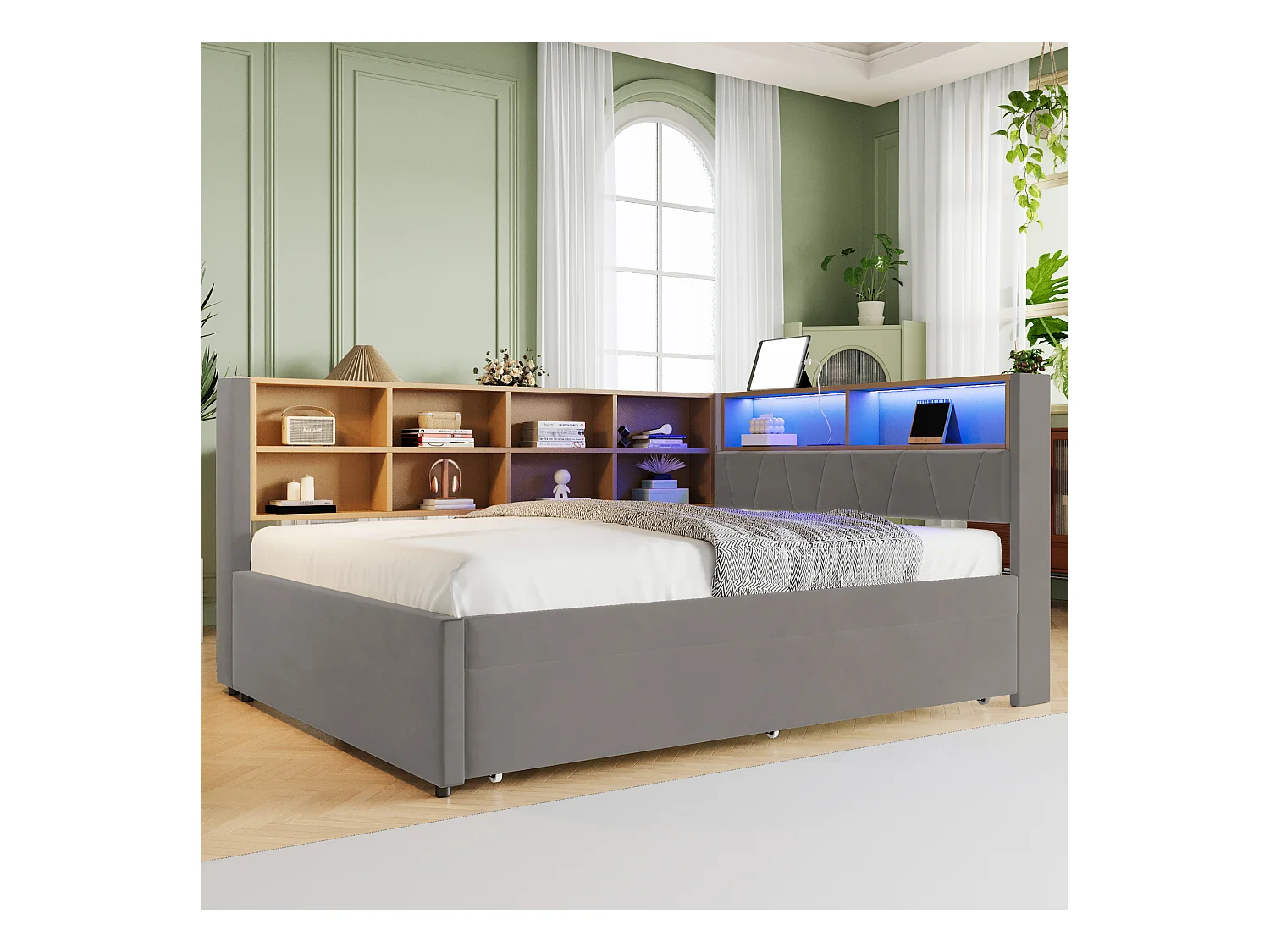 Canapé-lit avec tiroirs, 140x200, lit extensible 90x190, avec éclairage LED, prises USB et nombreux compartiments de rangement(213x153x98 cm)