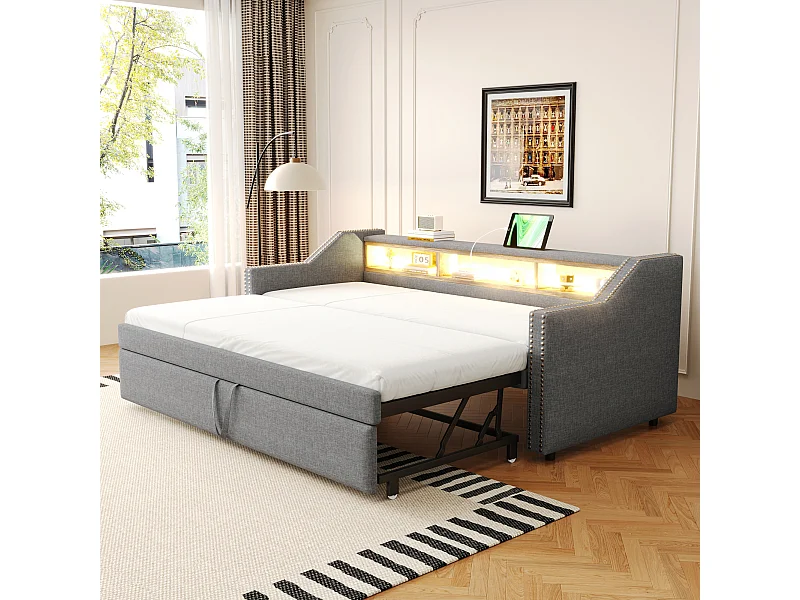 Sofá cama 90/180 x 190 cm, extensible, almacenaje multifunción, LED y toma USB, con somier de láminas, lino, gris claro (203,5 x 102 x 74 cm)