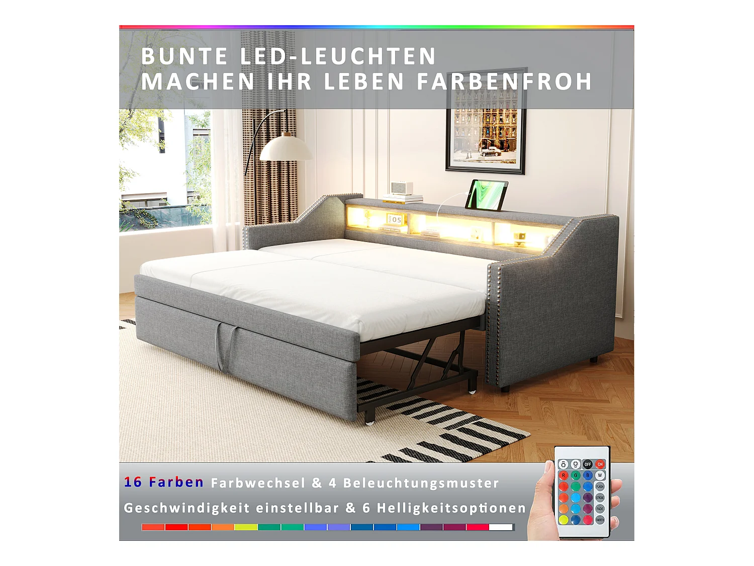 Canapé-lit 90/180 x 190 cm, Lit Extensible, Rangement Multifonctionnel, LED et Prise USB, avec Sommier à Lattes, Lin, Gris Clair (203.5x102x74 cm)