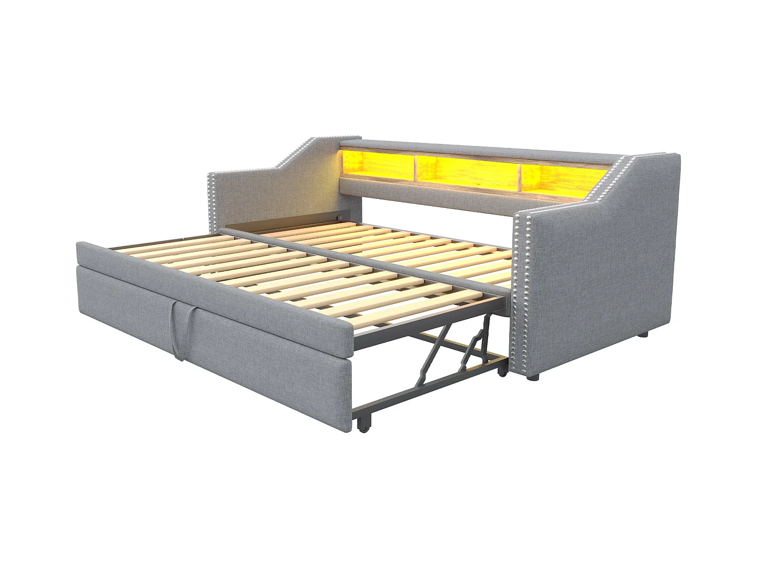 Canapé-lit 90/180 x 190 cm, Lit Extensible, Rangement Multifonctionnel, LED et Prise USB, avec Sommier à Lattes, Lin, Gris Clair (203.5x102x74 cm)