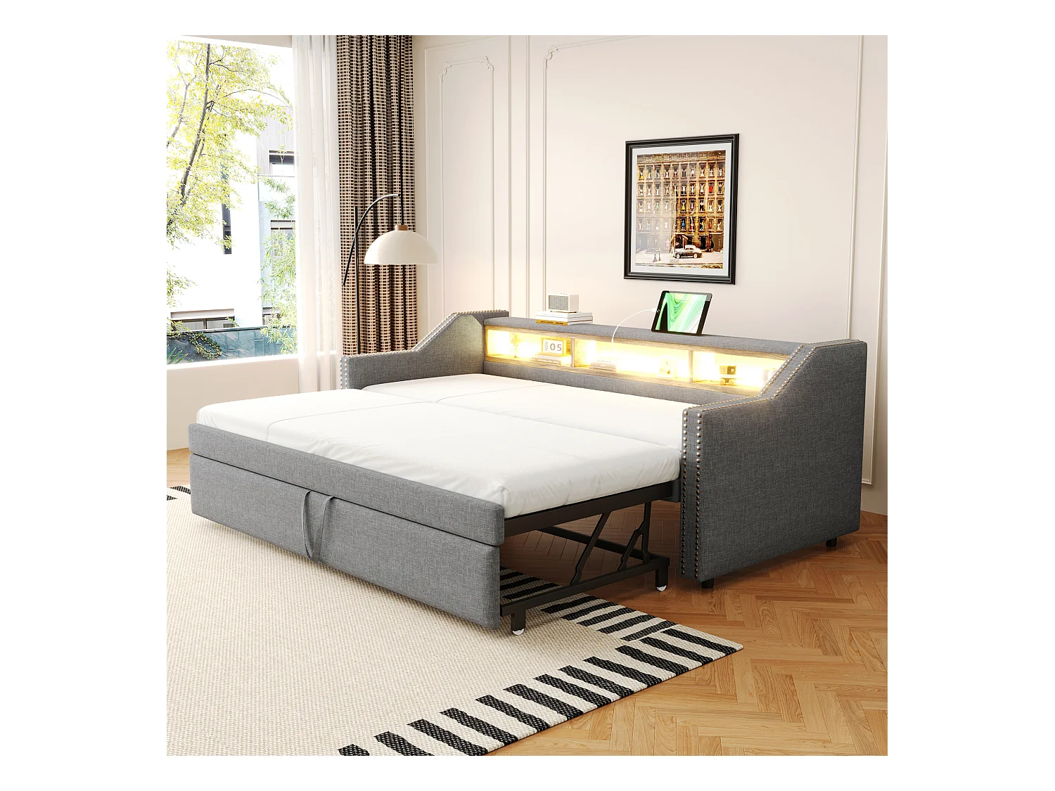 Canapé-lit 90/180 x 190 cm, Lit Extensible, Rangement Multifonctionnel, LED et Prise USB, avec Sommier à Lattes, Lin, Gris Clair (203.5x102x74 cm)
