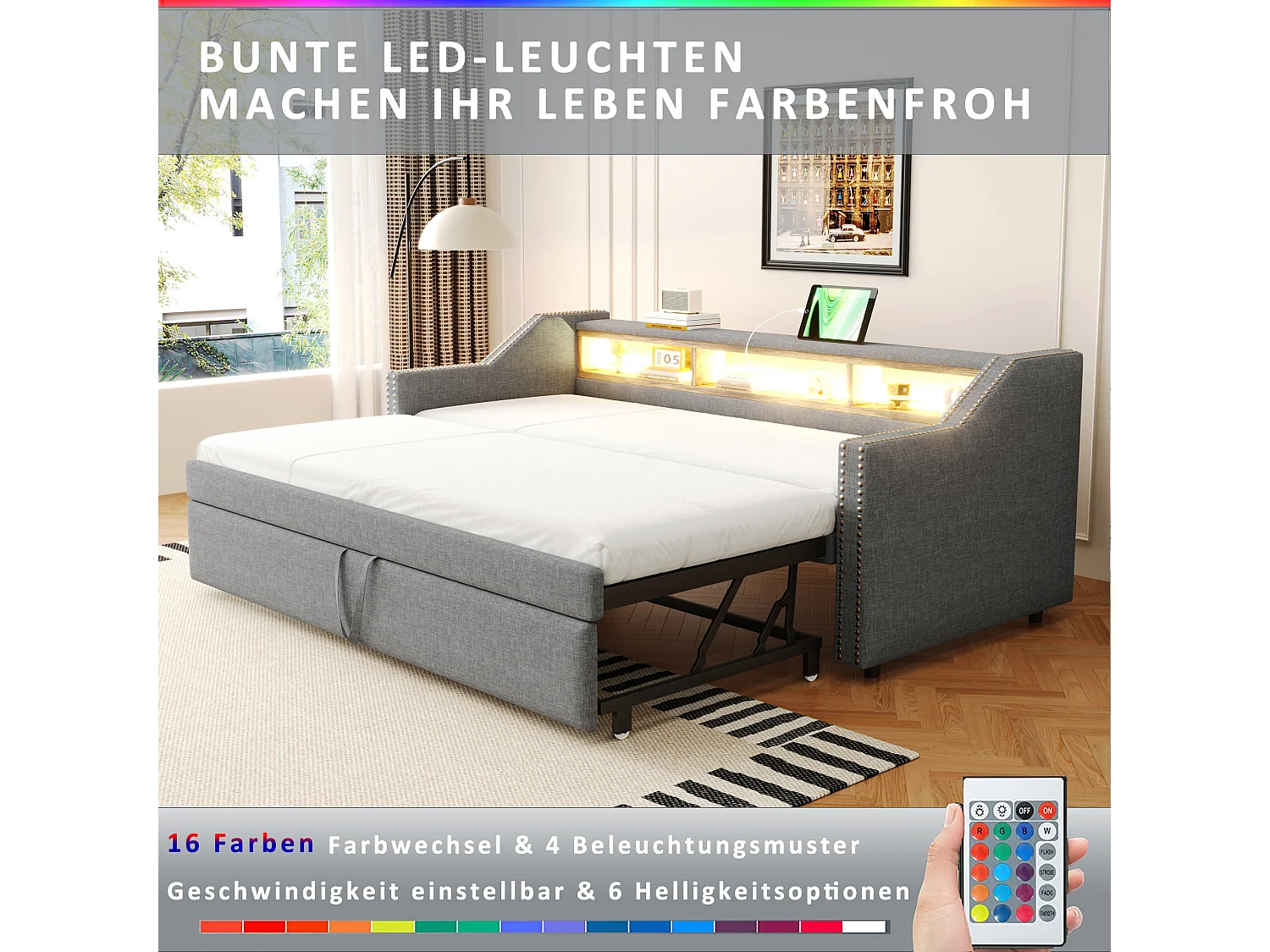 Canapé-lit 90/180 x 190 cm, Lit Extensible, Rangement Multifonctionnel, LED et Prise USB, avec Sommier à Lattes, Lin, Gris Clair (203.5x102x74 cm)