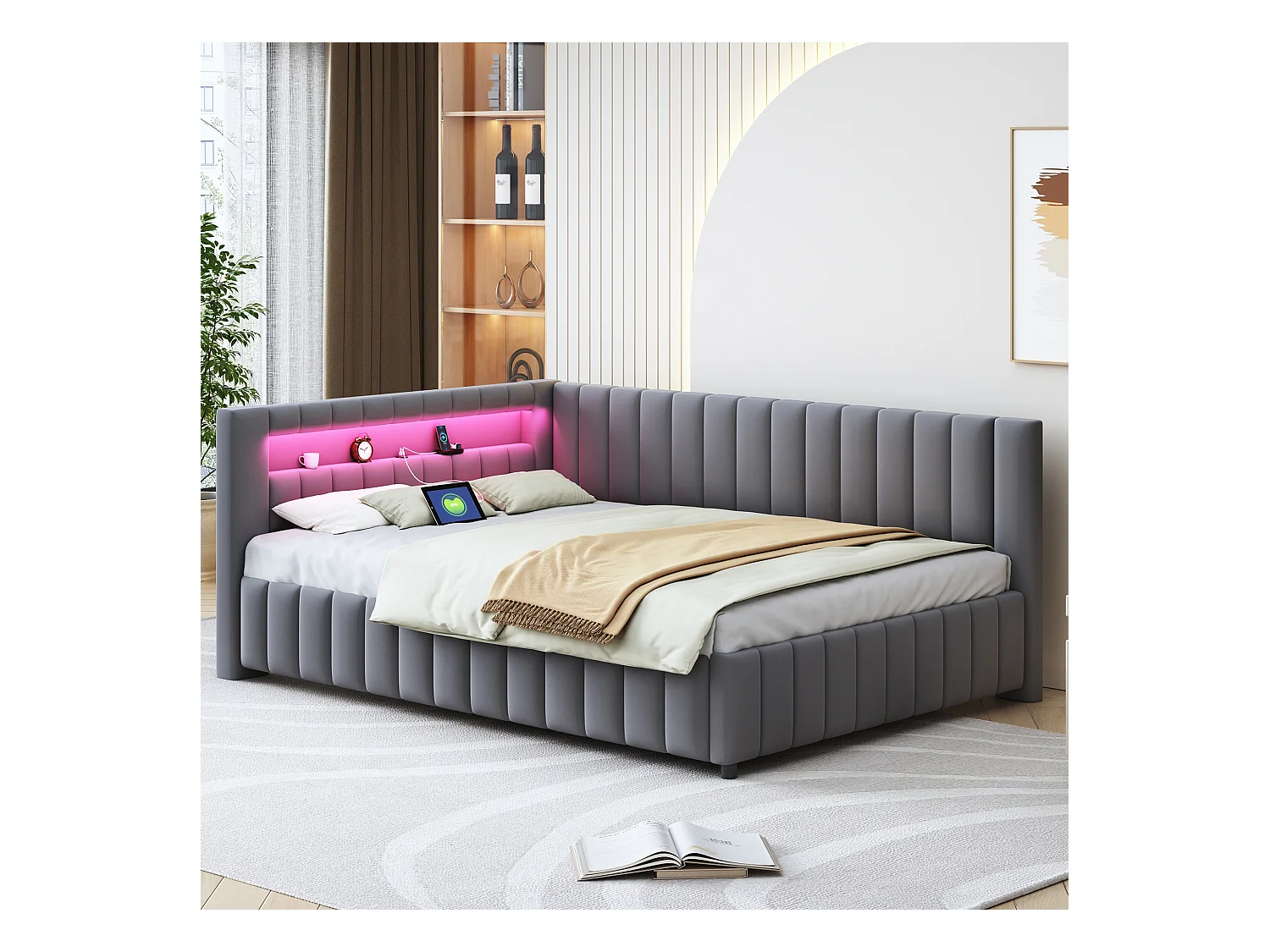 Sofá cama 140 x 200 cm, con LED, USB, tela de terciopelo, respaldo y cabecero, estructura estable, gris (209 x 147,5 x 82 cm)