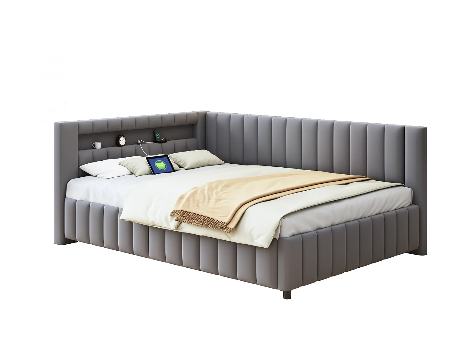 Slaapbank 140 x 200 cm, met LED, USB, fluwelen stof, rug en hoofdeinde, stabiel frame, grijs (209 x 147,5 x 82 cm)