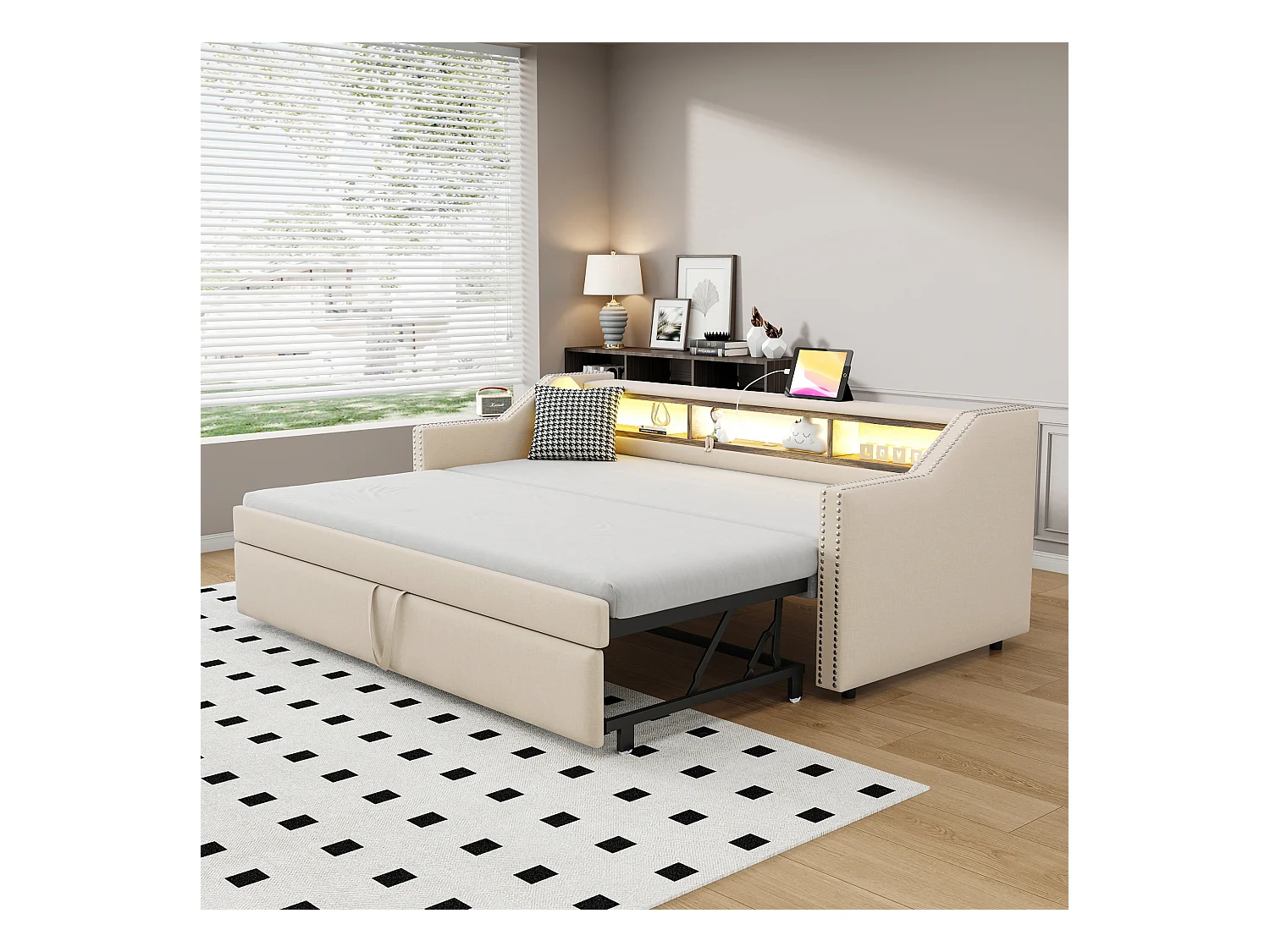 Canapé-lit 90/180 x 190 cm, Lit Extensible, Rangement Multifonctionnel, LED et Prise USB, avec Sommier à Lattes, Lin, Beige (203.5x102x74 cm)