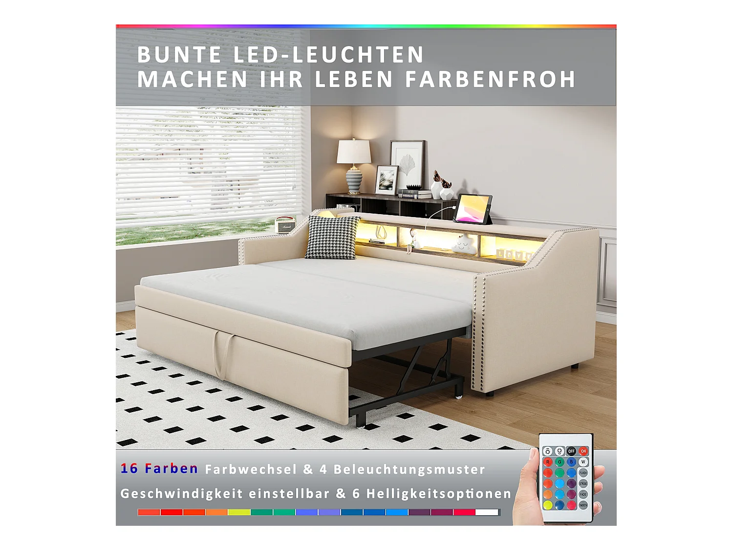 Canapé-lit 90/180 x 190 cm, Lit Extensible, Rangement Multifonctionnel, LED et Prise USB, avec Sommier à Lattes, Lin, Beige (203.5x102x74 cm)