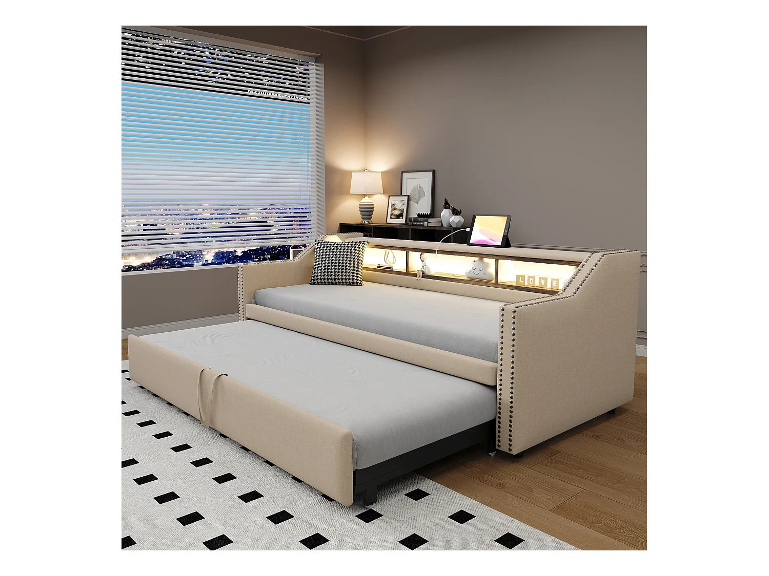 Canapé-lit 90/180 x 190 cm, Lit Extensible, Rangement Multifonctionnel, LED et Prise USB, avec Sommier à Lattes, Lin, Beige (203.5x102x74 cm)