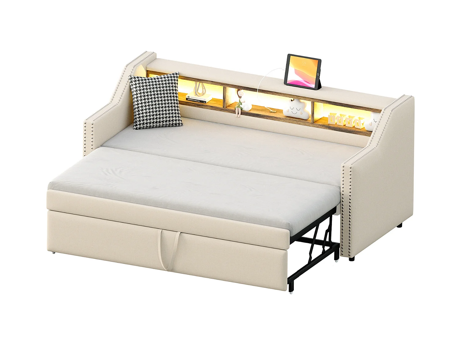 Canapé-lit 90/180 x 190 cm, Lit Extensible, Rangement Multifonctionnel, LED et Prise USB, avec Sommier à Lattes, Lin, Beige (203.5x102x74 cm)