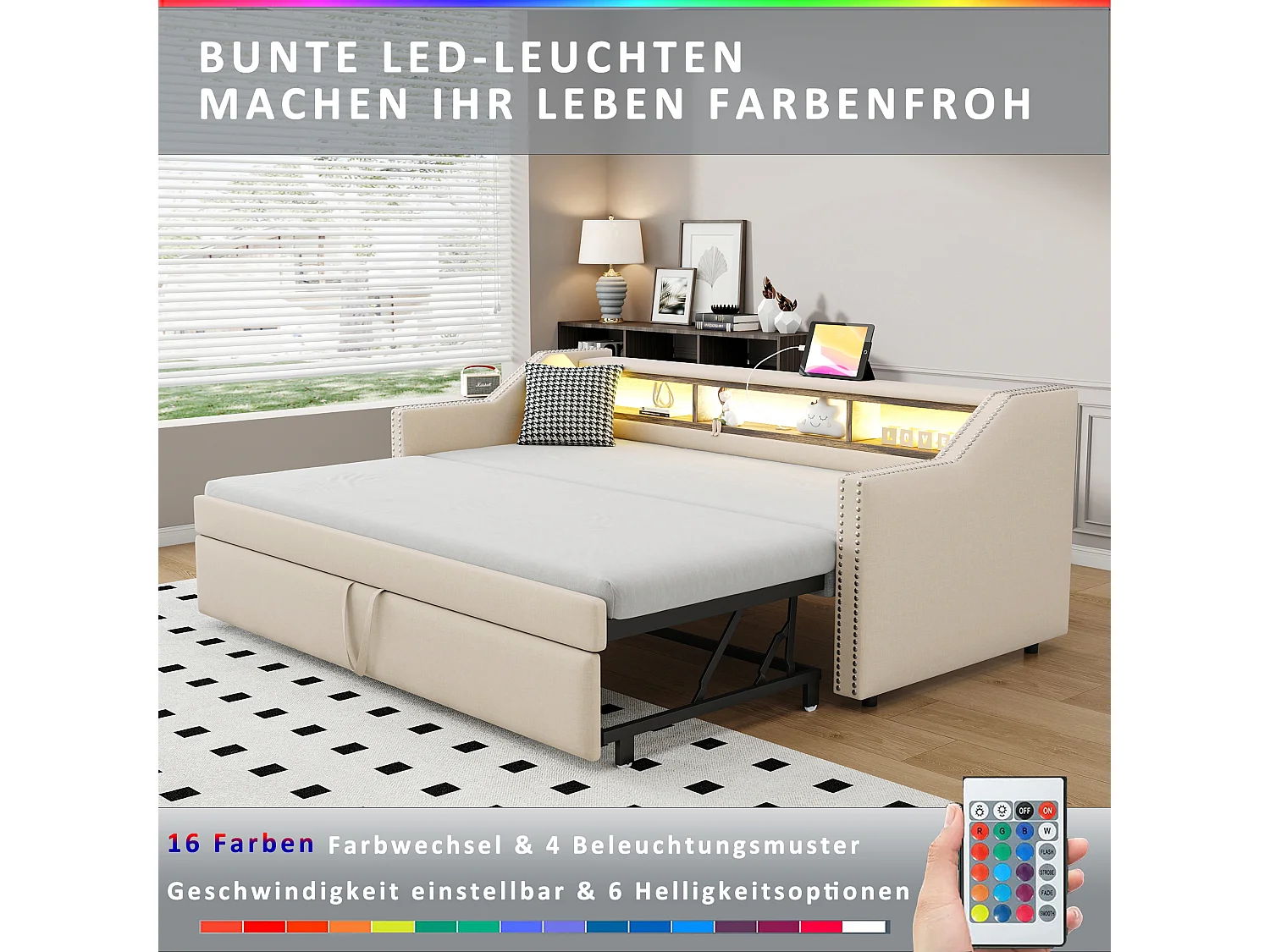 Canapé-lit 90/180 x 190 cm, Lit Extensible, Rangement Multifonctionnel, LED et Prise USB, avec Sommier à Lattes, Lin, Beige (203.5x102x74 cm)